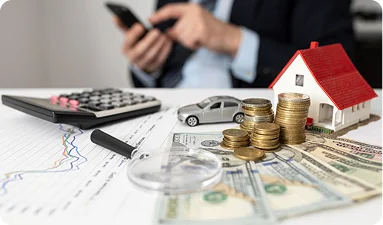 Money, calculator, construction of a house, magnifying glass laying on the table